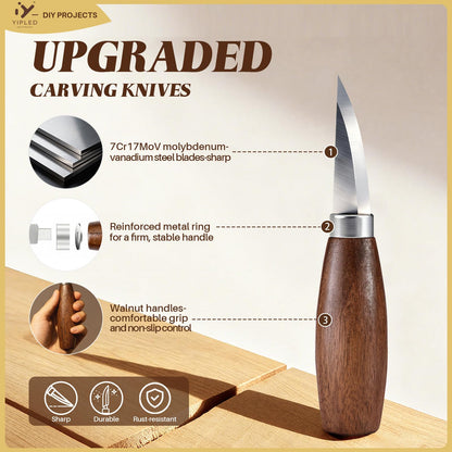 Wood Carving Kit for Beginners, Wood Carving Tools with 3Pcs Whittling Knife 7Pcs Basswood Carving Blocks, Grade 5 Anti Cutting Gloves, Leather Strop, Polishing Compound, Entry-Level Carving Gift Set