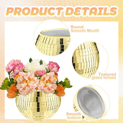 Disco Ball Vase Gold Mosaic Glass Mirror Ball Planter Disco Ball Planter for Centerpieces Disco Ball Decor Flower Vase with Silver Mirror Glass for Wedding Party Birthday, Disco Decor (5" X 6")