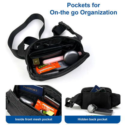 Pander Belt Bag Large 2L, Nylon Fanny Pack Purse for Women and Men with Adjustable Strap, Black Onyx, Large, Solid