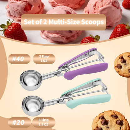 2Pcs Cookie Scoop Set, 18/8 Stainless Steel Cookie Dough Scoops with Lavender & Mint Green Ergonomic Handles, Professional Metal Scooper for Baking, Ice Cream & Cupcakes, 2 Tbsp&3 Tbsp