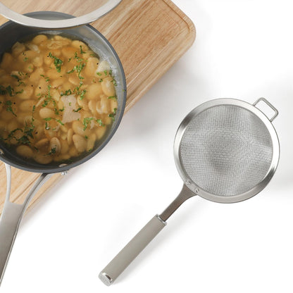 Calphalon Edge Stainless Steel Strainer w/Thermoplastic Rubber Handle - Taupe