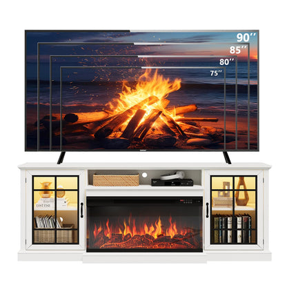 OneBlis 80" Fireplace TV Stand with 3-Sided Glass, TV Cabinet for TVs up to 90", Modern Media Entertainment Center with Farmhouse Glass Door Storage Cabinets, for Living Room, White