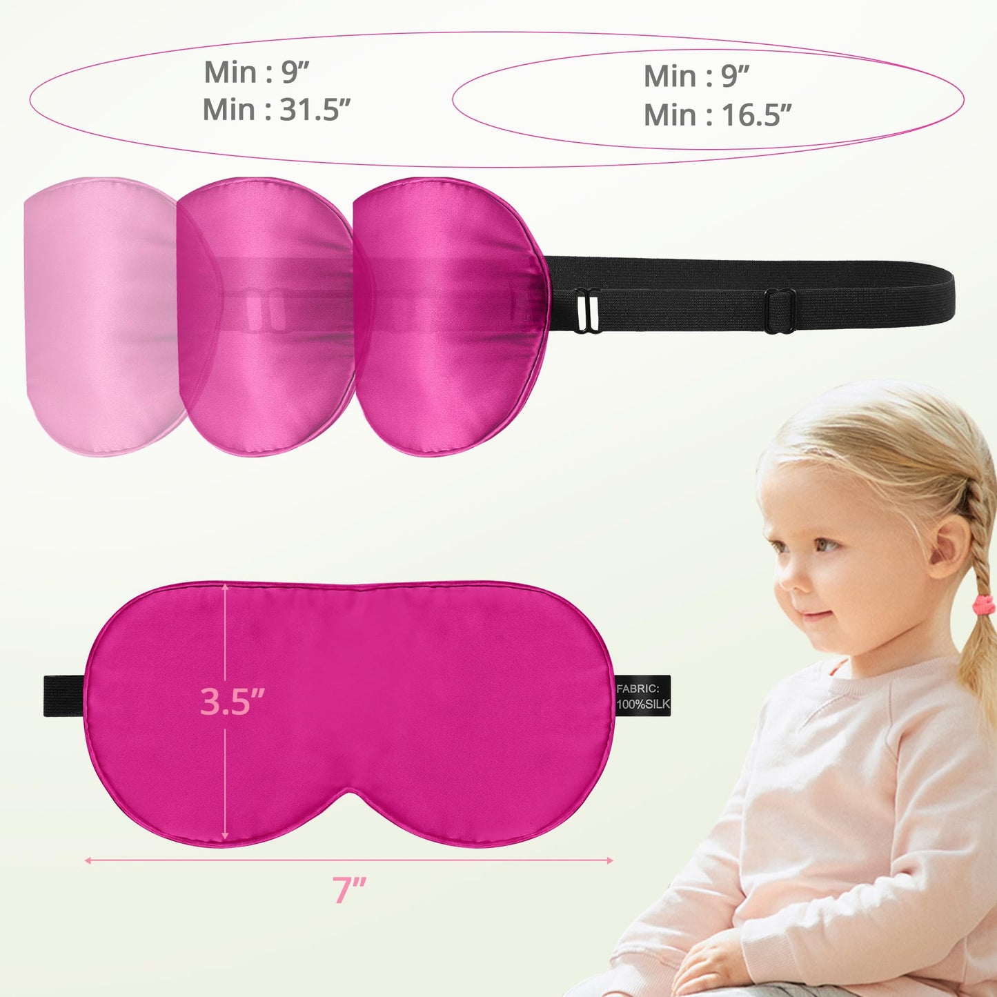 Kids Sleep Mask Eye Cover, 100% Real Natural Pure Silk Eye Mask with Adjustable Strap, Blindfold Kids Eye Mask for Sleeping, Eye Shade for Boys Girls and Adult, Pressure-Free Comfort (Black)