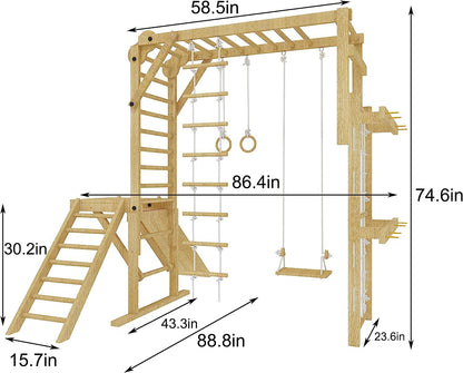 Avenlur Grove 9-in-1 Indoor Jungle Gym Playground: Montessori Waldorf Style Wood PlaySet for Kids, and Toddlers Features Monkey Bars, Rope Wall Net, Ladder, Climber, Slide, Ring Set. Ages 2-11yrs