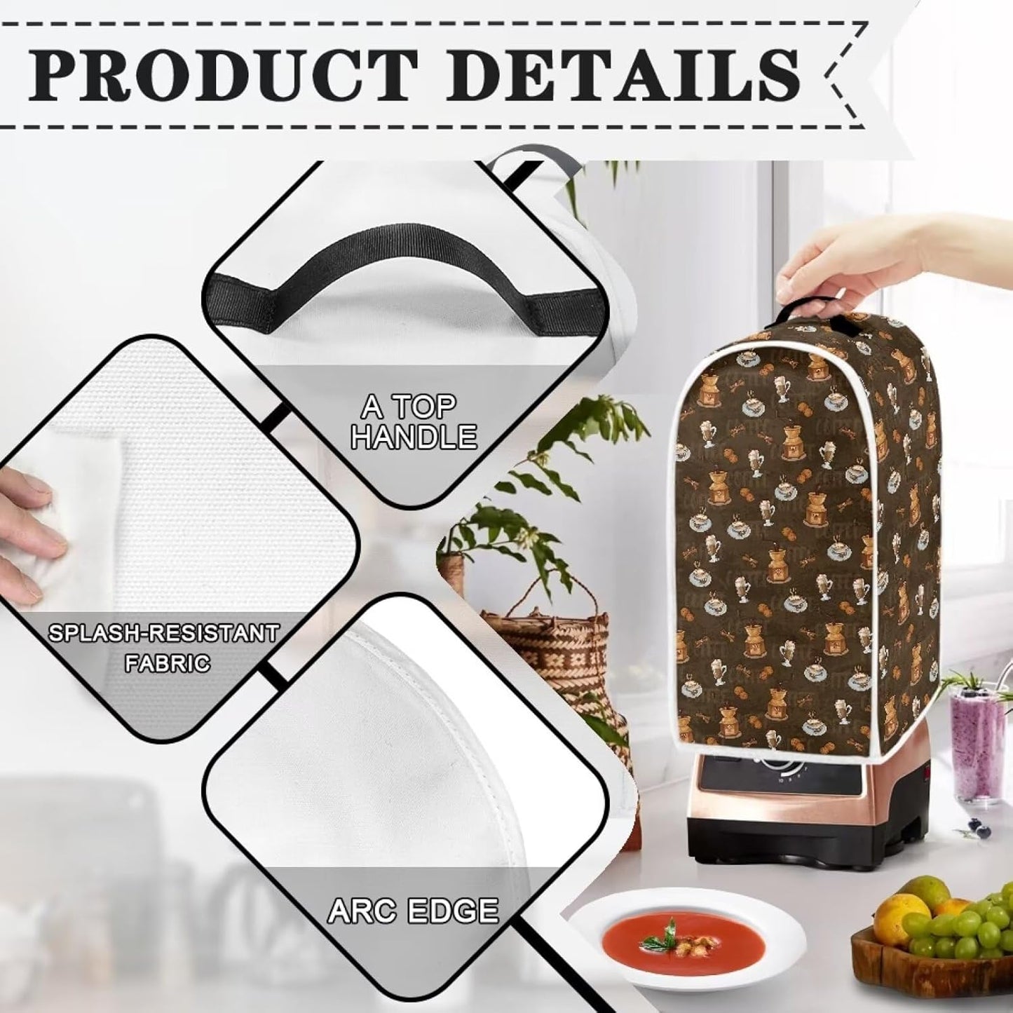 Blender Cover Dust Cover with Coffee Pattern, Small Kitchen Appliance Covers, Anti-Fingerprint Food Processor Cover