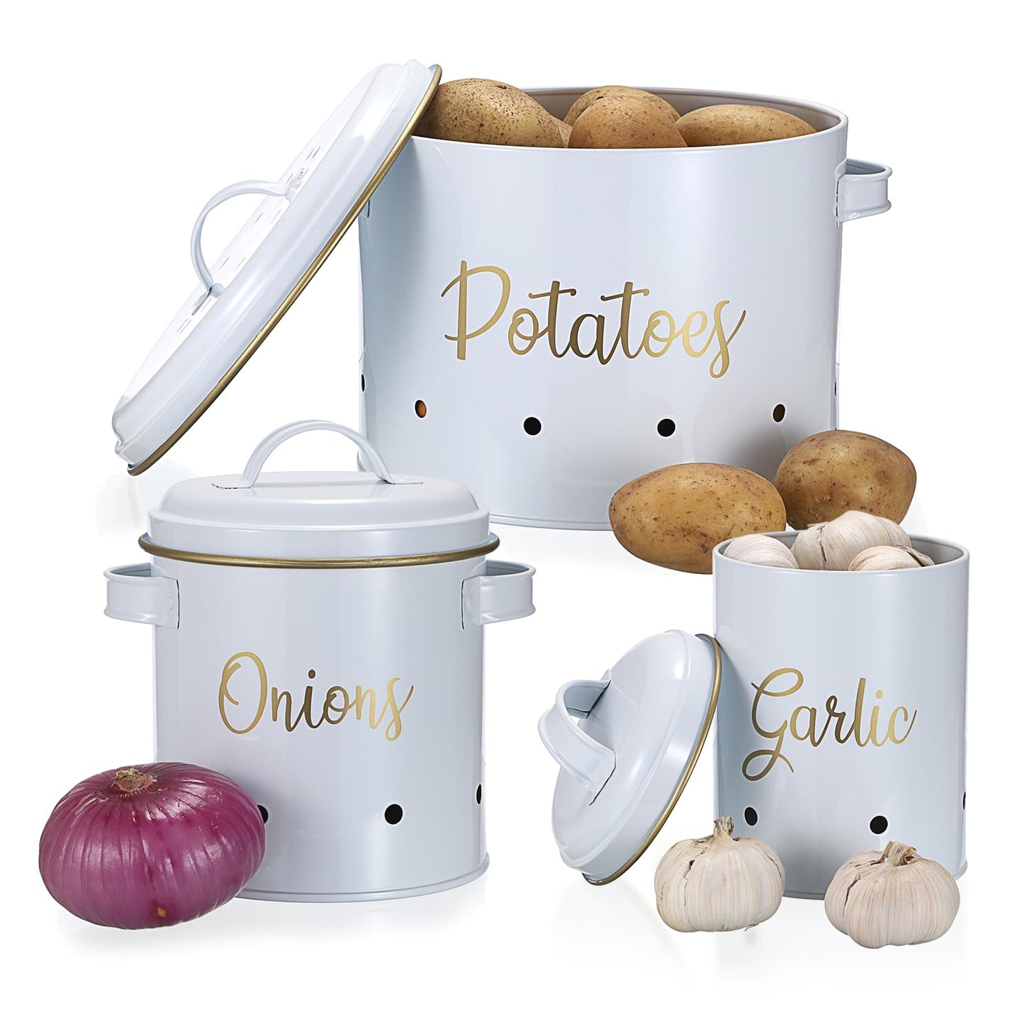 OwnMy Set of 3 Potato Onion Garlic Storage Bins Vegetable Containers Food Containers for Kitchen Counter, Potato Onion Storage Containers for Pantry Garlic Store Jars Vegetable Canisters Set, White