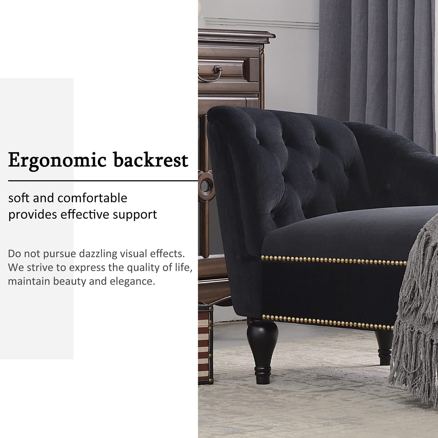 GDFStudio 58" Upholstered Chaise Lounge Chair Indoor, Modern Velvet Lounge Chaise with Button Tufted Arm, Nailhead Trim & Solid Wood Legs, Sleeper Bed Recliner Chair for Living Room Bedroom, Black