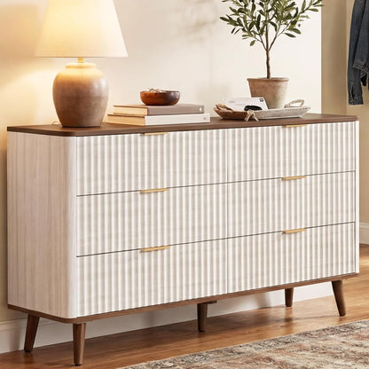 Mapleyard Fluted 6 Drawers Dresser, 47" Wide Wooden Chest of Drawers, Modern Mid Century Storage Closet Long Large Dresser for Bedroom, Living Room,Hallway, Entryway, Nursery Room, Beige + Walnut