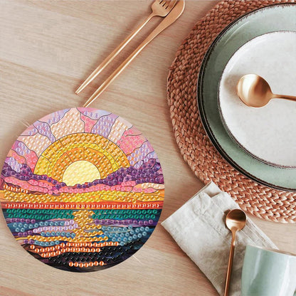 ijbnhd 8 Pcs Sunset Diamond Art Coasters Kits, Sunset Diamond Painting Coasters Kit with Holder, Non Slip Coaster Crafts Kits for Adults Gifts 4x4 inch (Cork Wooden Pad)