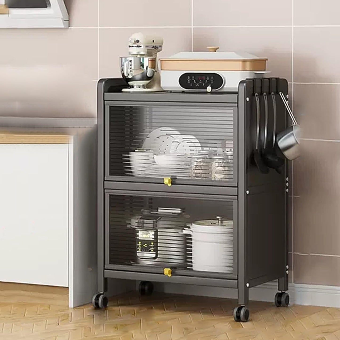 NUHSLF Metal Kitchen Storage Cabinet - Rolling Microwave Stand with Drop Down Door, Bakery Rack Nizer for Dining Room & Living Room, Versatile Kitchen Shelf Unit (70X36X85Cm)