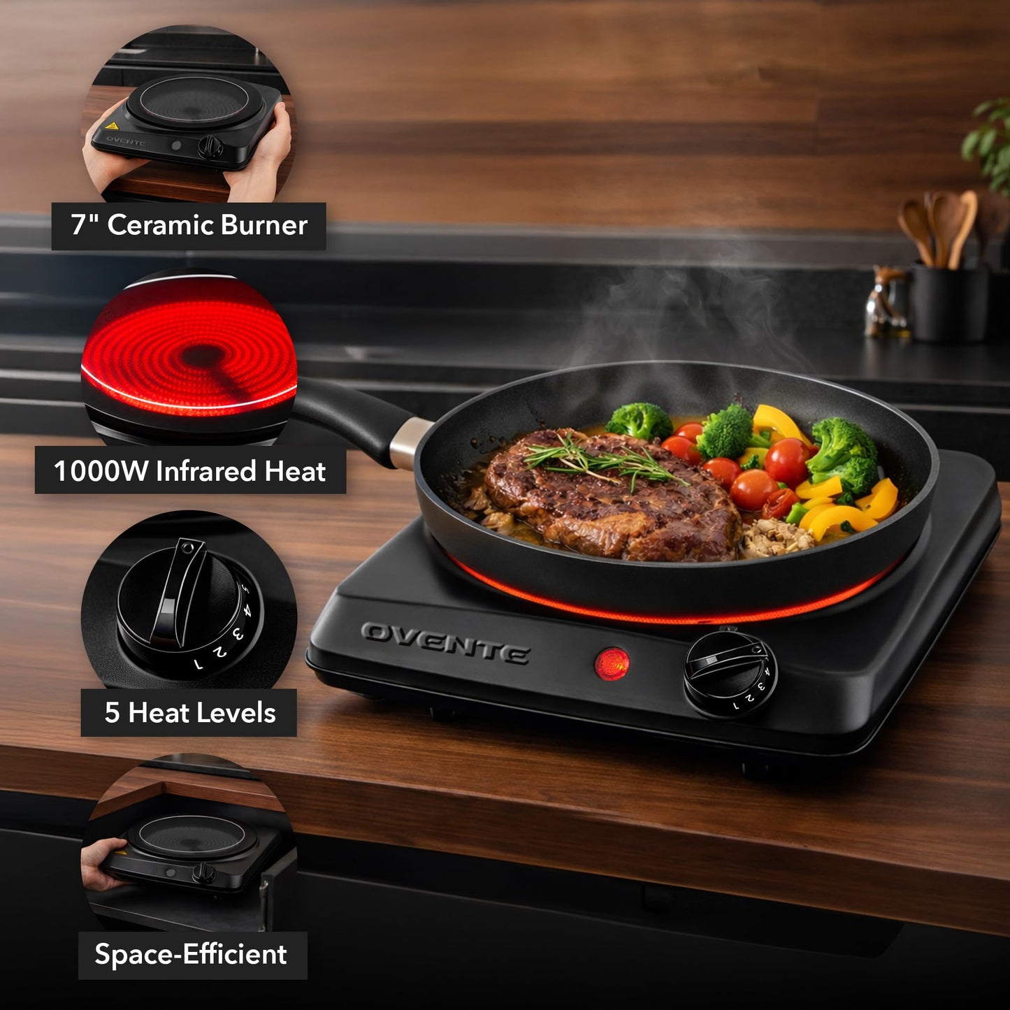 OVENTE Countertop Infrared Single Burner, 1000W Electric Hot Plate with 7” Ceramic Glass Cooktop, 5 Level Temperature Setting & Easy to Clean Base, Compact Stove for Home Dorm Office, Black BGI101B