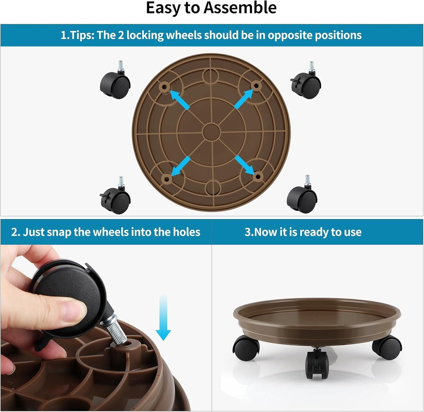 Sanbege 12.8" Pack 2 Resin Plant Caddy with Wheels, Round Plant Pallet, Plant Pot Trolley, of (Brown)