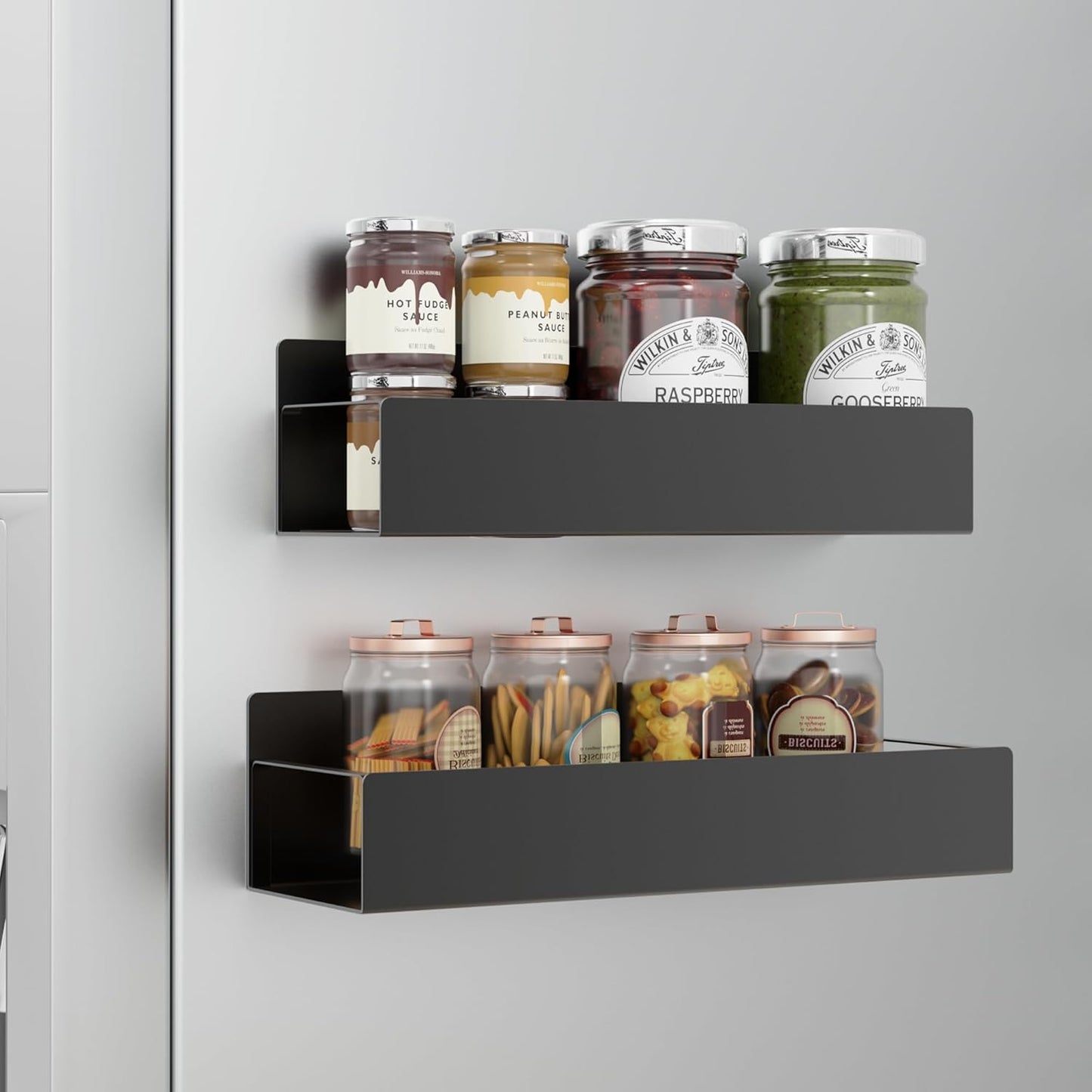 Magnetic Spice Rack for Refrigerator, 2 Pack Black Moveable Fridge Magnetic Spice Racks, Strong Metal Shelves for