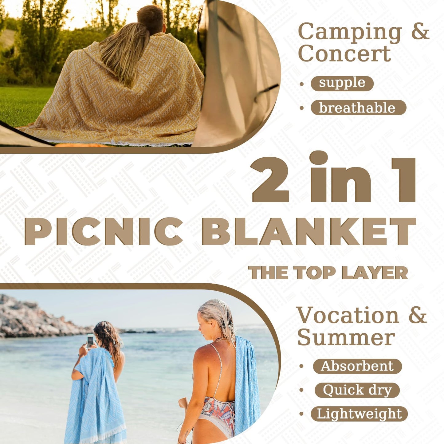 Genovega 2 in 1 Extra Large Rug Outdoor Picnic Blanket Waterproof Woven Boho Mat Giant Beach Towel Travel Essential Yoga Accessories Park Patio Lawn Garden Ground Music Festival Concert Must Have