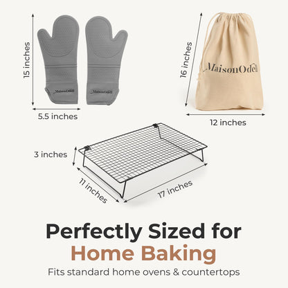 MaisonOdell Sourdough Cooling & Storage Set – Bread Cooling Rack (17×11×3), Linen Bread Bag (15×12), Heat-Resistant Oven Mitts – Complete Bread Cooling & Storage Solution