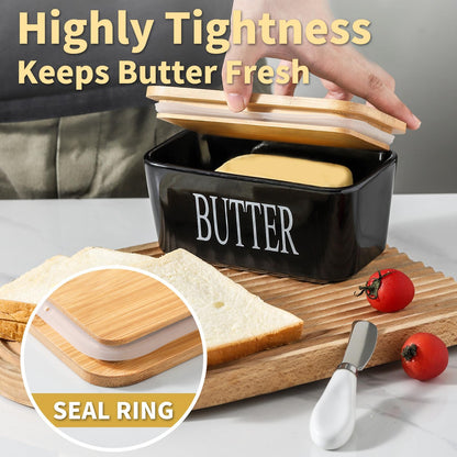 Hasense Butter Dish with Lid, Ceramic Butter Dish with Knife for Countertop, Airtight Covered Butter Keeper Container, Large Black Butter Holder for Refrigerator,Black