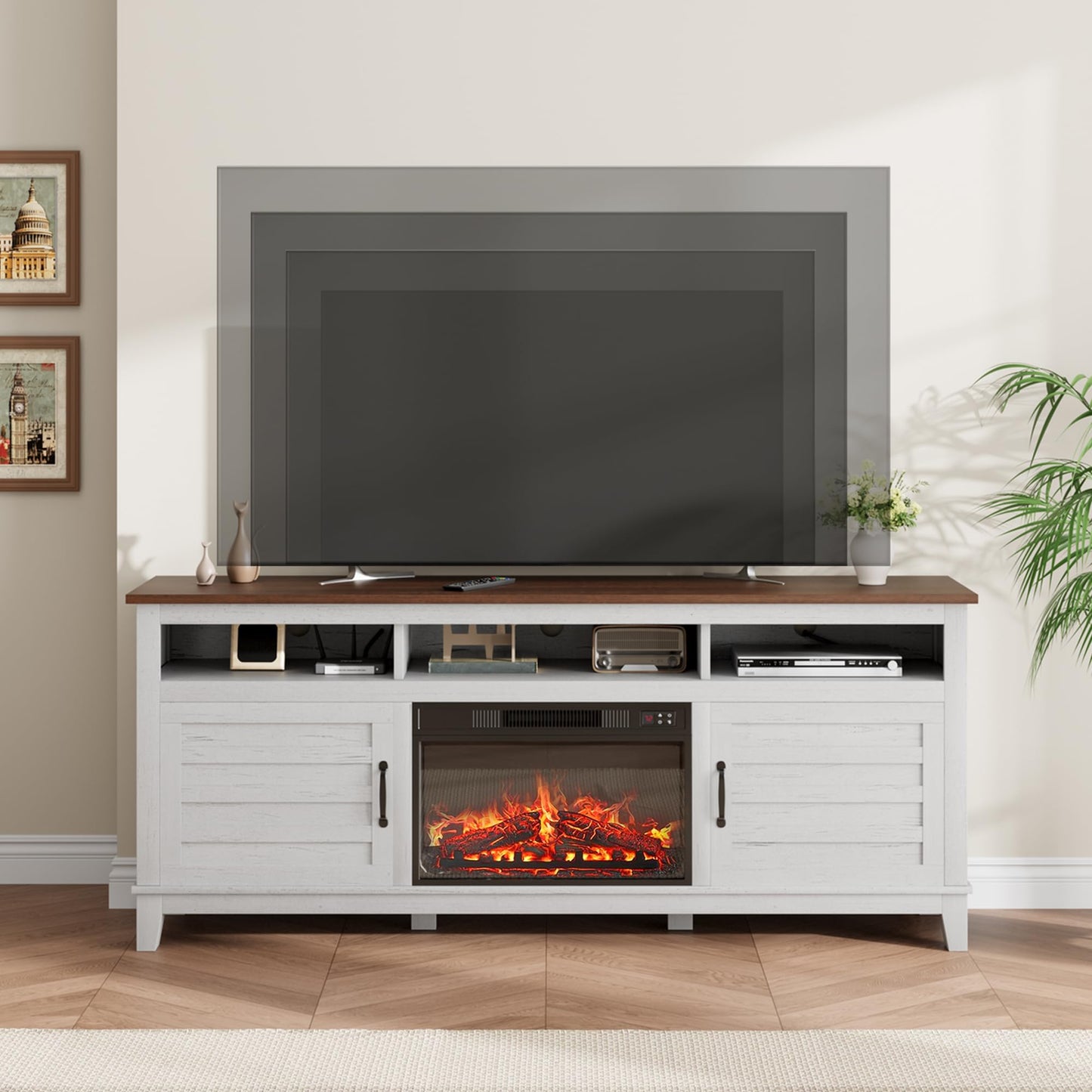 GarveeHome TV Stand with Electric Fireplace, Fireplace Entertainment Center, Farmhouse TV Stand with Cabinet Doors,for Living Room, Bedroom