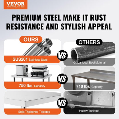 VEVOR Stainless Steel Prep Table, 24 x 36 x 34 Inch, 750 lbs Load Capacity, Heavy Duty Metal Worktable with 3 Adjustable Height Levels, Commercial Workstation for Kitchen Garage Restaurant Backyard