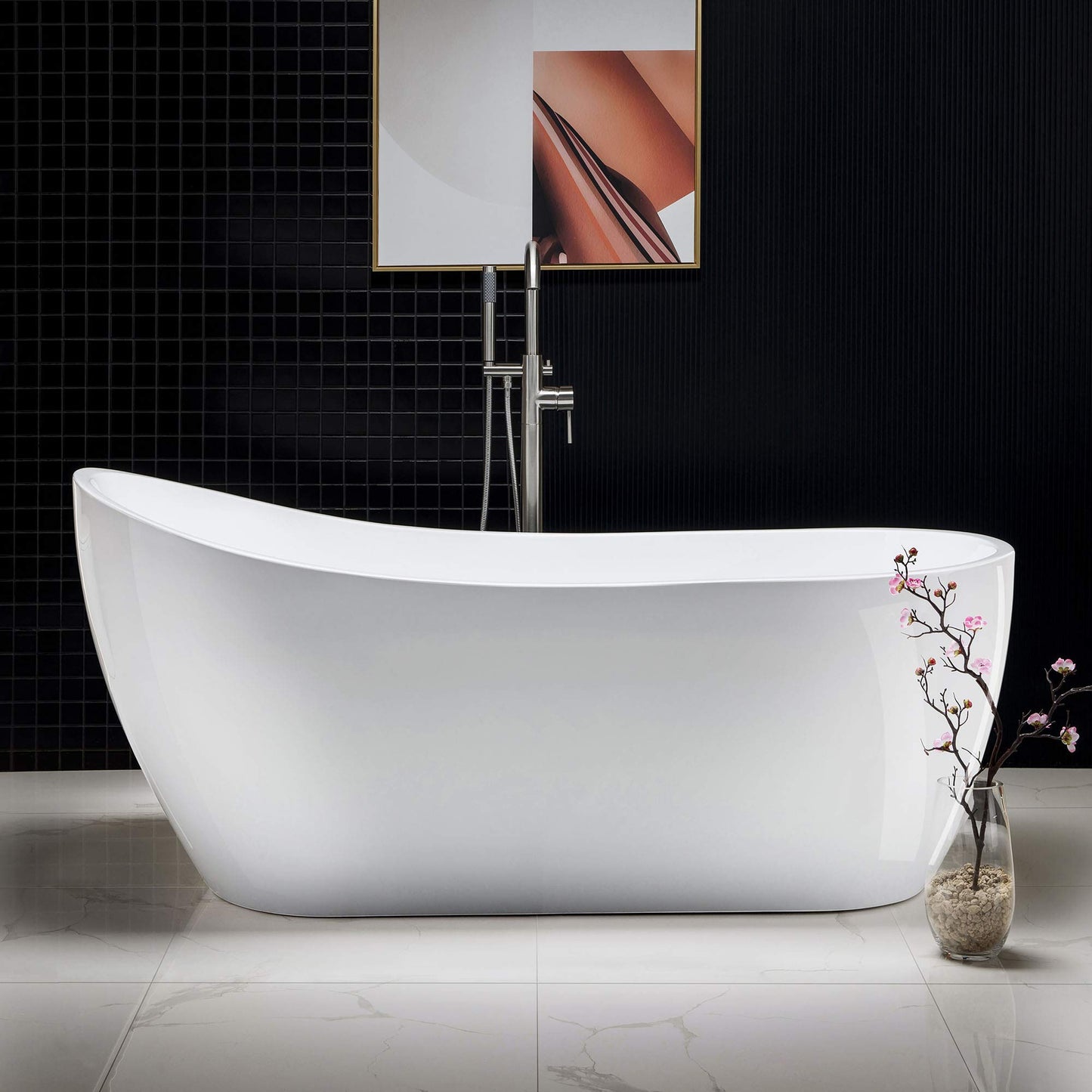 WOODBRIDGE 67" Acrylic Freestanding Bathtub Contemporary Soaking White Tub with Brushed Nickel Overflow and Drain，B-0001-BN