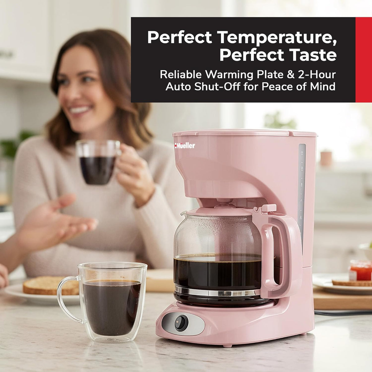 12-Cup MUELLER HOME Pink Coffee Maker - Borosilicate Carafe, Auto-Off, Pink Kitchen Accessories, Reusable Filter