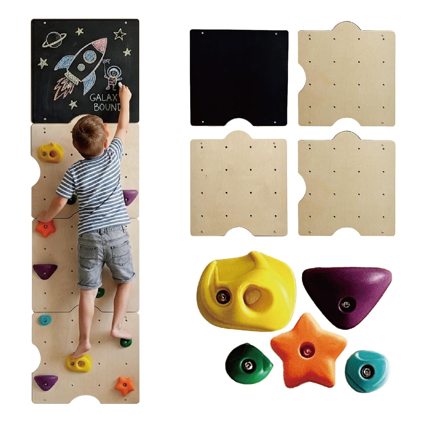 kidi house Rock Climbing Wall for Kids with 15 Rock Climbing Holds – Wooden Kids Indoor Climbing Wall with Drawing Blackboard, Pre-Drilled Nuts, Home Gym Kids Playroom Montessori Rock Wall Panel