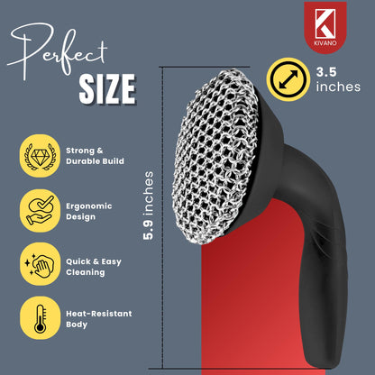 KIVANO Cast Iron Scrubber with Pan Scraper, 316L Chainmail Scrubber, Long Handle Cast Iron Cleaner for Dishes, Pans, Grills, Upgraded Chain Mail Scrubber for Grill Pan Skillet Wok Carbon Steel