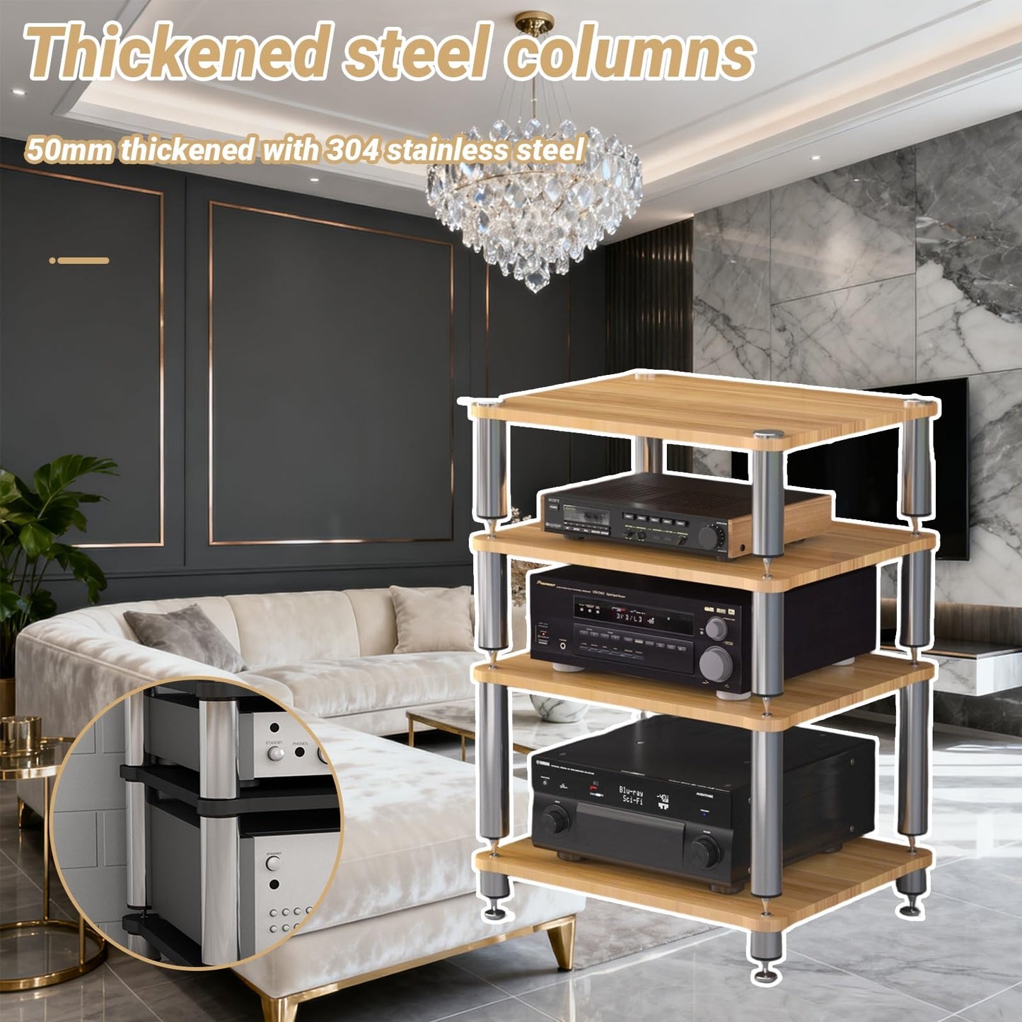 ZUGIATP HiFi 3 Tier AV Media Stand Wood Shelf Record Player Stand Stereo Cabinet Audio Tower Media Console Storage Shelf Audio Video Components(Light Walnut,Double Layer)