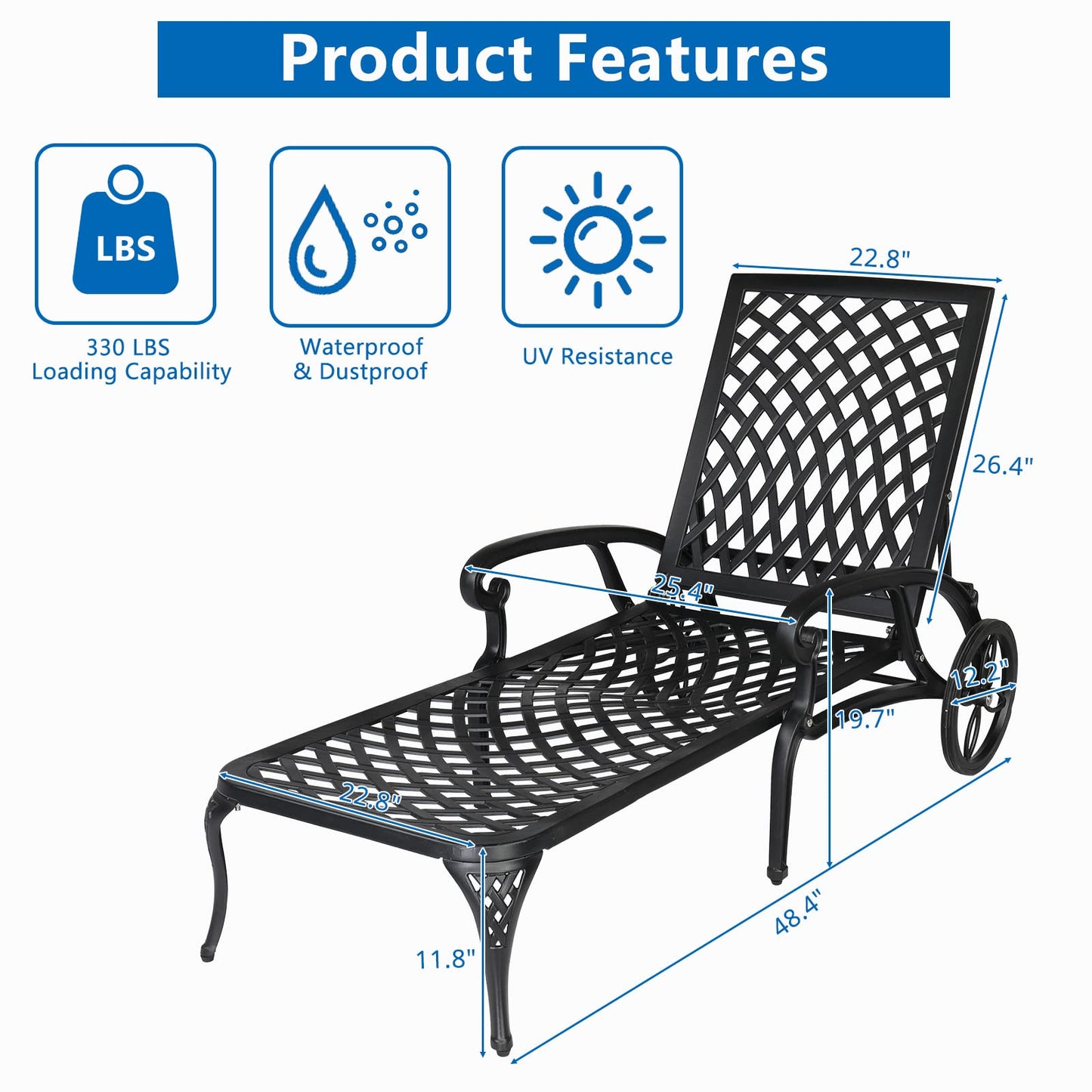 VINGLI Cast Aluminum Outdoor Chaise Lounge Chair with Wheels, Patio Chaise Lounges with 3-Position Adjustable Backrest, Pool Lounge Chair Reclining Chairs for Poolside Tanning (1, Black)