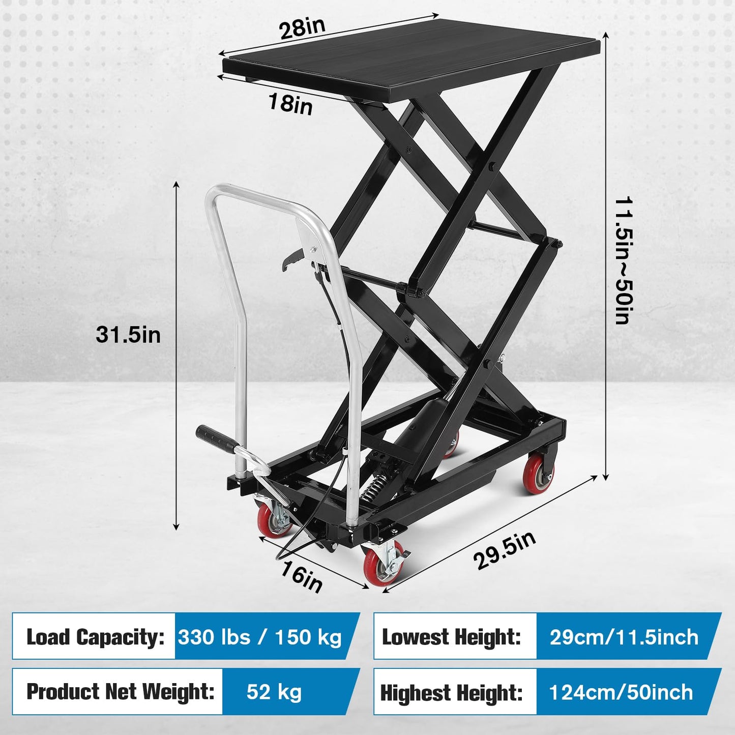 Hydraulic Lift Table Cart, 330 Lbs Capacity 50" Lifting Height Double Scissor Lift Table with Anti-Slip Pad & 4 Wheels for Material Handling & Transportation in Warehouse, Workshop, Black