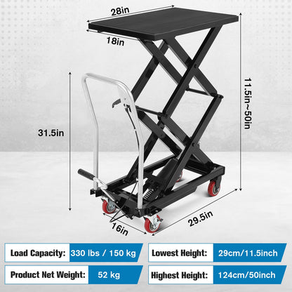 Hydraulic Lift Table Cart, 330 Lbs Capacity 50" Lifting Height Double Scissor Lift Table with Anti-Slip Pad & 4 Wheels for Material Handling & Transportation in Warehouse, Workshop, Black