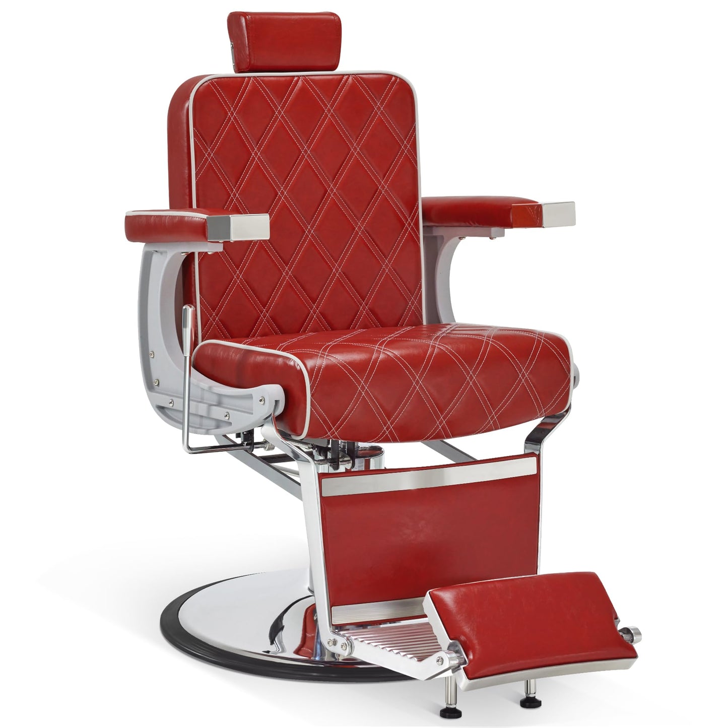 BarberPub Heavy Duty Metal Vintage Barber Chair All Purpose Hydraulic Recline Salon Beauty Spa Shampoo Equipment 3825 (Red with White Stitches)