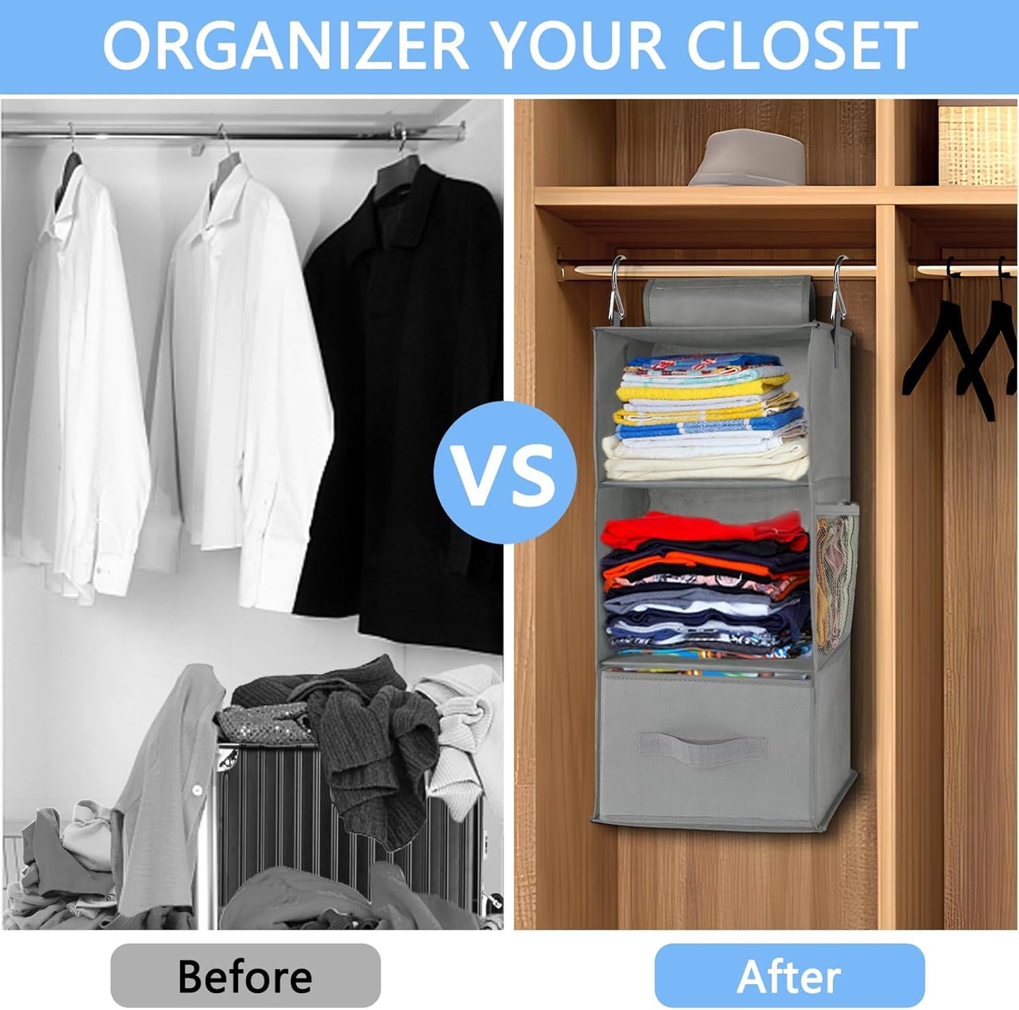3-Shelf Closet 2 Pack Closet Closet 22.8" 11" 11" punemi Hanging Organizer, Hanging Organizer with Drawers, Foldable