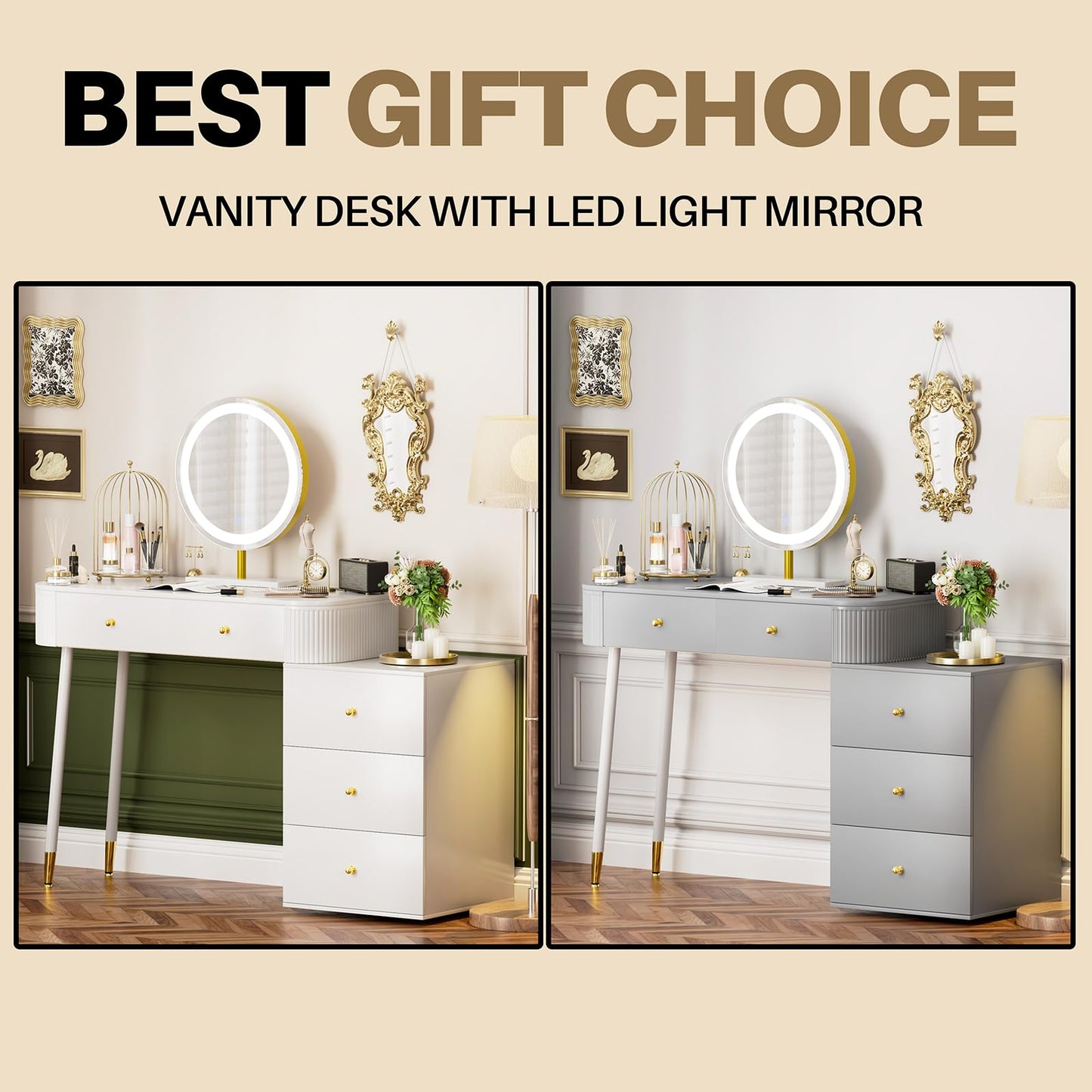 WinZo 36" Vanity Desk with Mirror and 3 Light Modes, Dressing Table Set with 5 Sliding Drawers, Makeup Desk with Charging Station, Modern Vanity for Small Spaces & Bedroom, White