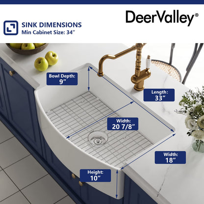 DeerValley Farmhouse Kitchen Sink 33 inch, White Fireclay Apron Front Farm Sinks, Single Bowl Deep Drop In Undermount Sink with Grid and Basket Strainer, Easy to Clean