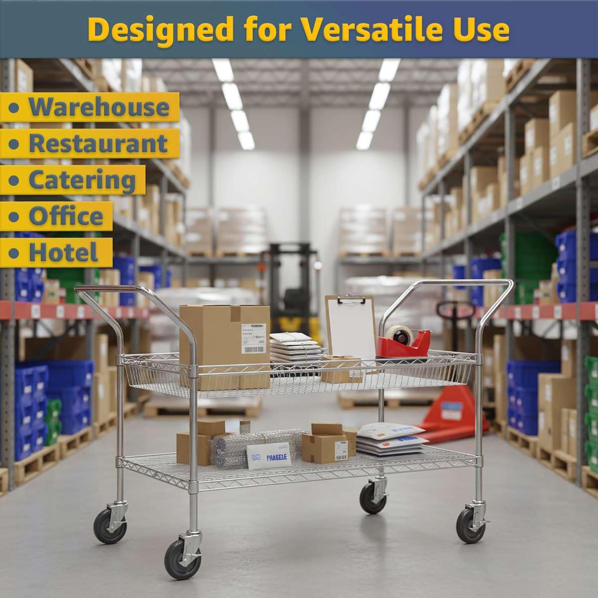 24" x 58" x 36" Commercial NSF Chrome One Shelf and One Basket Utility Cart - Heavy Duty Wire Rolling Metal Cart with Handles, Mobile Storage Cart for Warehouse, Office, Retail, Kitchen Use