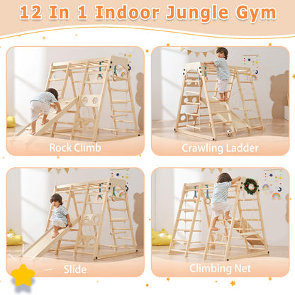 Homman 12-in-1 Toddler Playground - Foldable Kids Climbing Set with Slide, Rock/Net, Monkey Bars, Drawing Board, Swing and Pickler Set