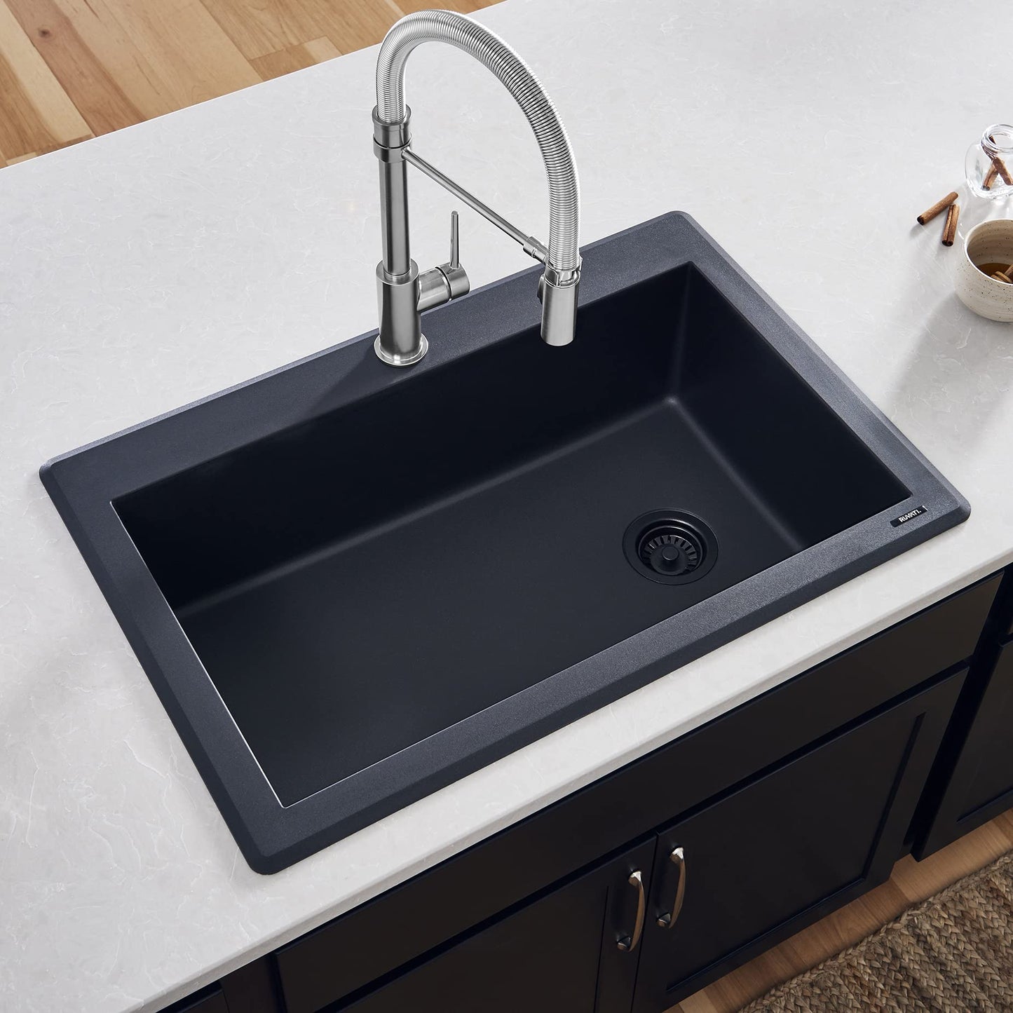 Ruvati Midnight Black Granite Composite 33 in. x 22 in. Single Bowl Drop-in Topmount Kitchen Sink RVG1033BK