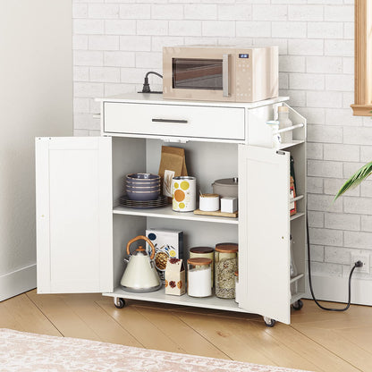 HOOBRO Kitchen Island with Power Outlet, Kitchen Storage Island with Spice Rack and Drawer, Rolling Kitchen Cart on Wheels, for Home, Kitchen and Dining Room, White WT82UZD01G1