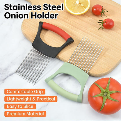 Quilive 3-Piece Kitchen Set – Stainless Steel Onion Holder Slicer with 10 Forks, Peeler with Storage Box, 3-in-1 Cup Lid & Gap Brush – for Slicing Potato, Avocado, Eggs, Lemon, Meat