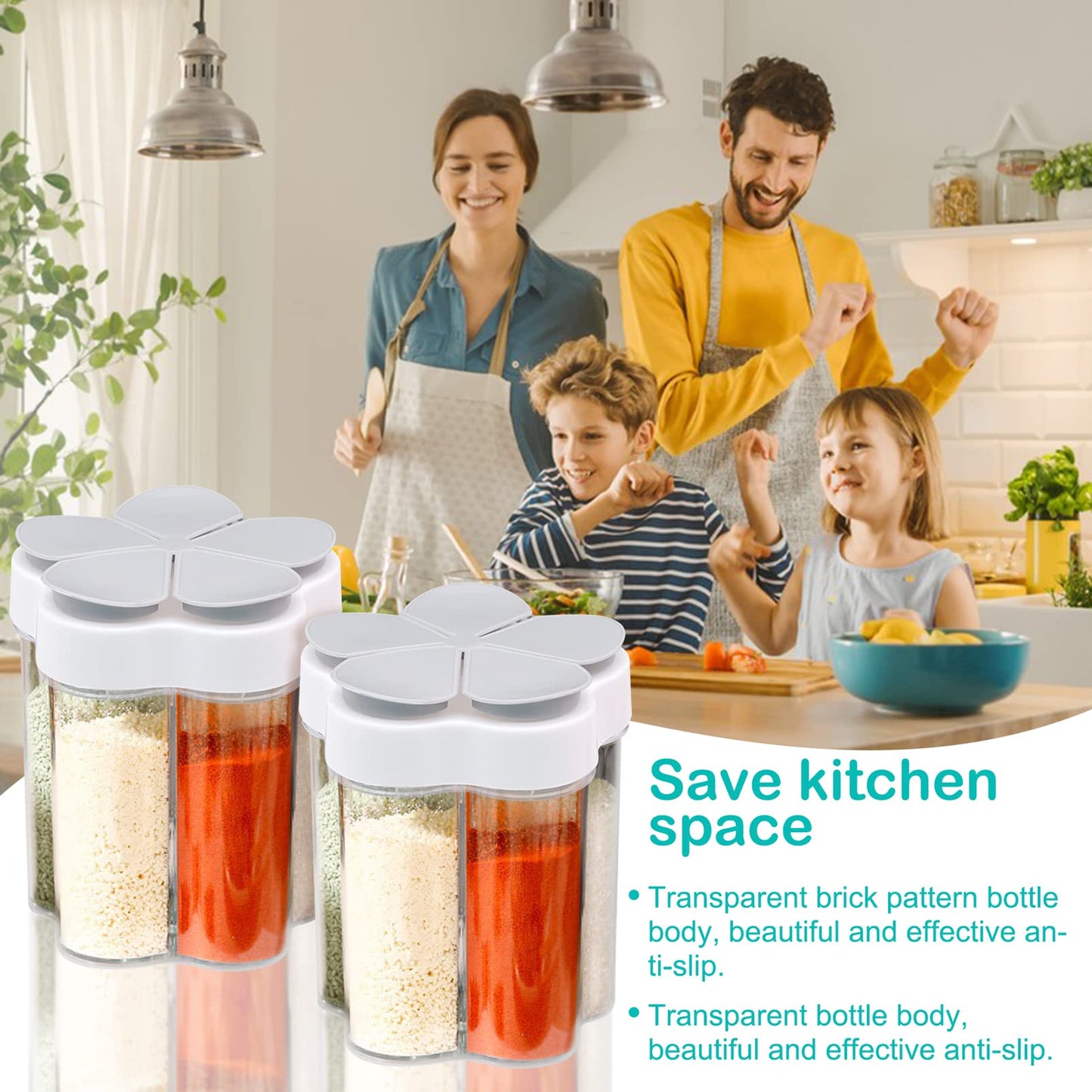 inheming 2 PCS Travel Spice Jars, 5-in-1 Seasoning Containers, Clear Plastic Condiment Bottle for Camping, Hiking, BBQ, Picnic