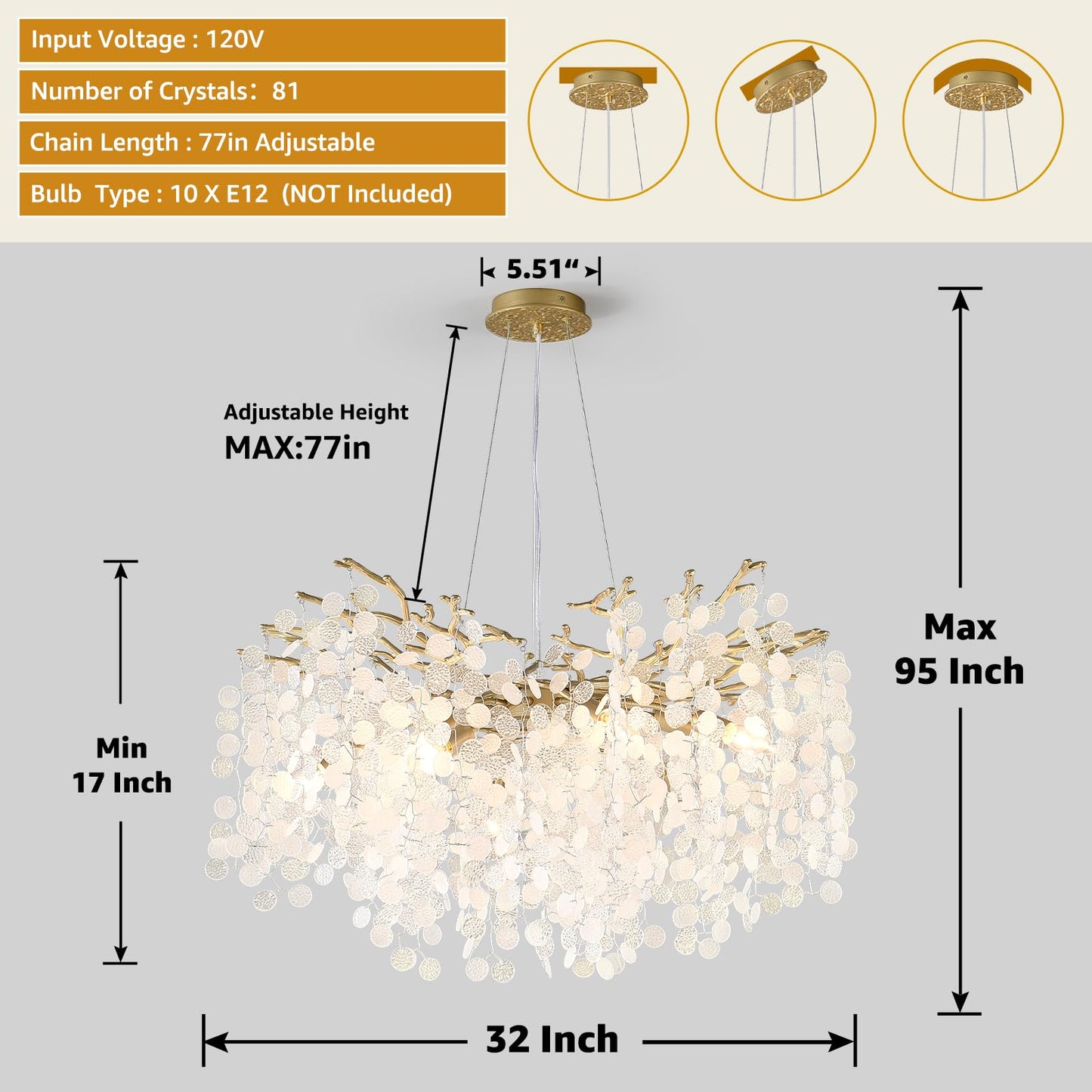 VBKK 32 Inch Gold Crystal Chandelier, 10-Light Coastal Chandeliers for Dining Room, Large Modern Tree Branch Light Fixtures, Seashell Chandelier for Entryway Foyer Bathroom Living Room, E12