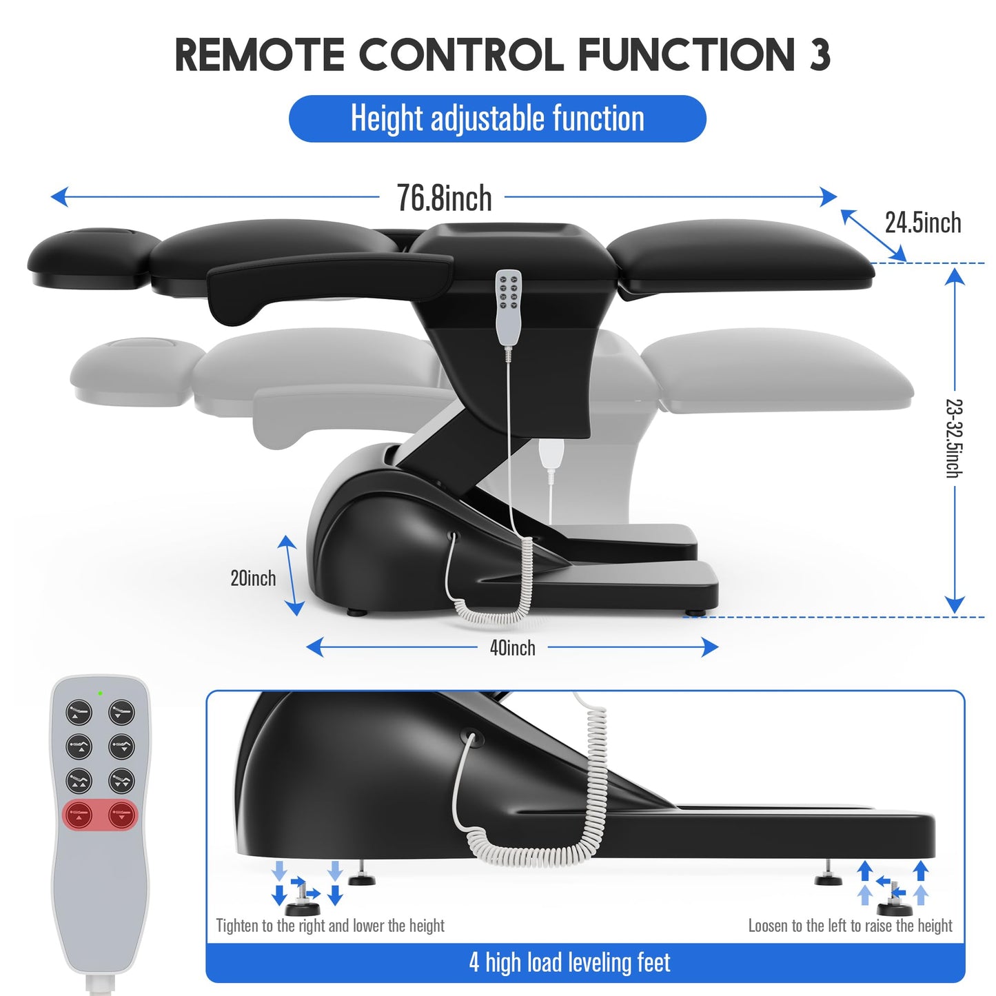 pouseayar 3 Motor Electric Chair/Bed, Aluminum Hydraulic System for Medical Treatment Exam, Facial, Spa, Eyelash, Tattoo, Podiatry Treatment Beauty Massage, Hand Remote Controlled Adjustable - Black