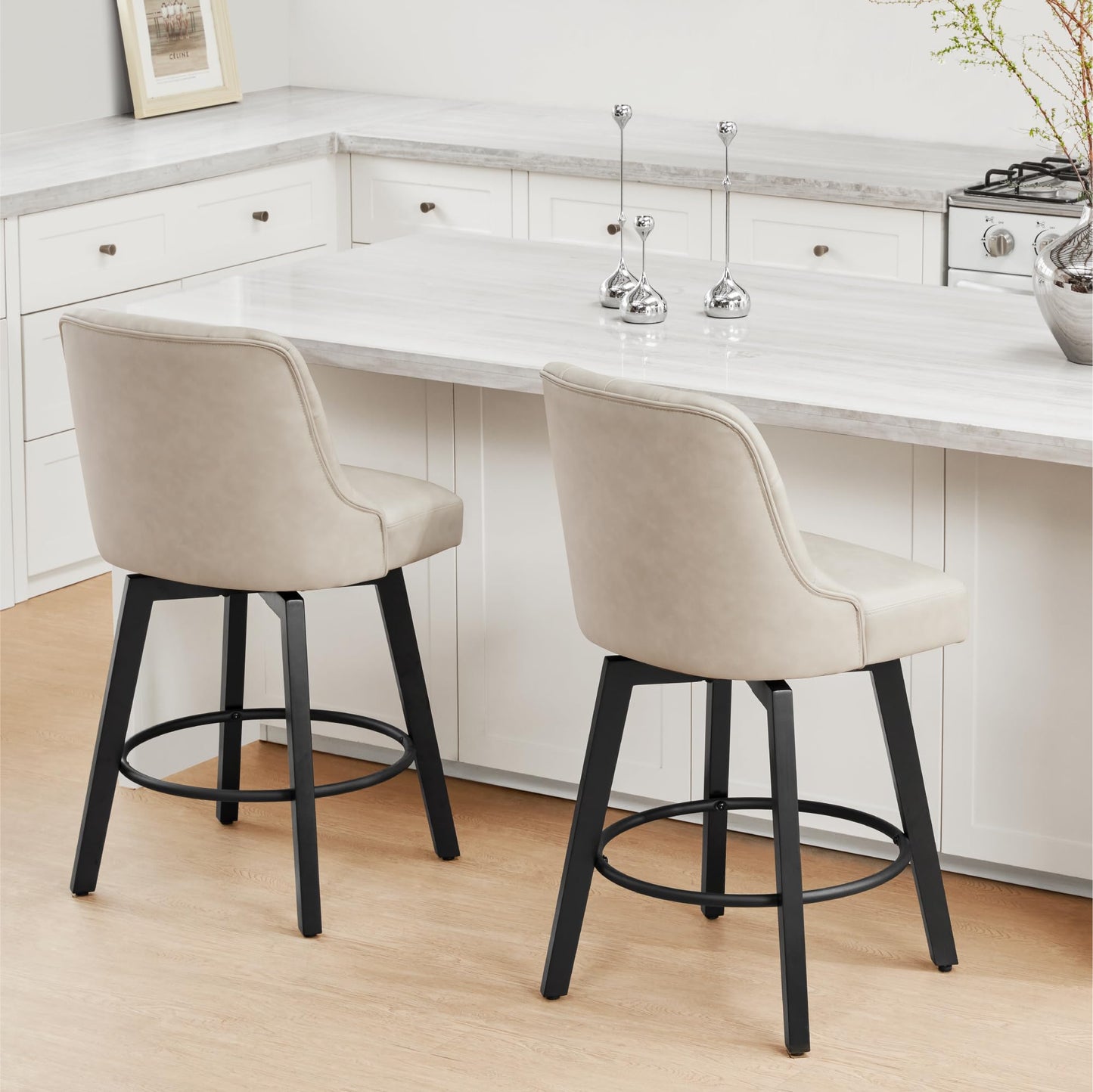 KISLOT Swivel Counter Height Bar Stools Set of 4, 26" Upholstered Faux Leather Barstools with Back,Thick Seat and Square Solid Wood Legs for Kitchen Island Home Bar, Beige
