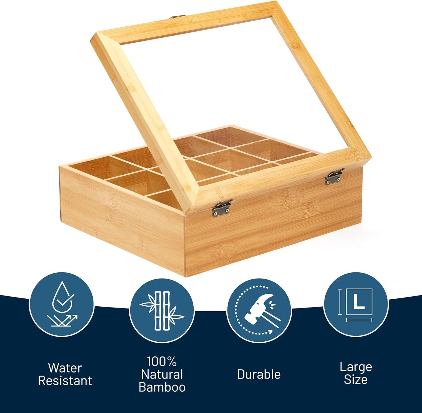 12 RoyalHouse Big Natural Bamboo Tea Storage Organizer with Clear Acrylic Top Window, Compartments Eco-Friendly Tea Bag
