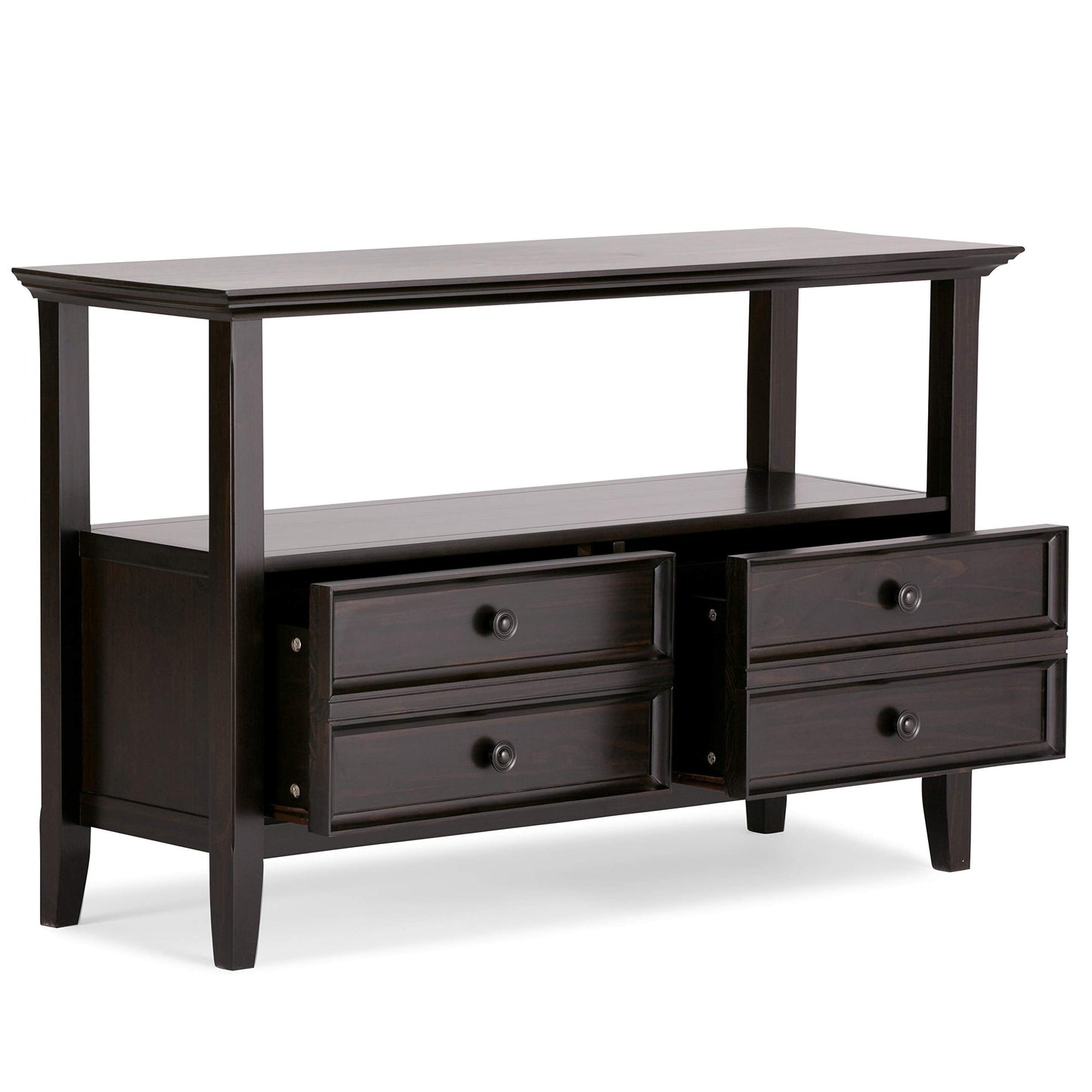 SIMPLIHOME Amherst Console Table - 48 Inch Wide Solid Wood Sofa Table in Hickory Brown, Transitional Storage Table for Entryway or Living Room with 2 Deep Drawers and Large Open Shelf