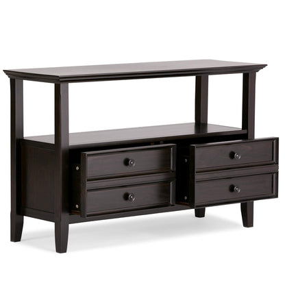 SIMPLIHOME Amherst Console Table - 48 Inch Wide Solid Wood Sofa Table in Hickory Brown, Transitional Storage Table for Entryway or Living Room with 2 Deep Drawers and Large Open Shelf