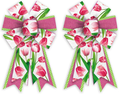 Threetols Floral Wreath Bows - 2 Pack Pink Tulip Design for Indoor/Outdoor Home Decor | DIY Craft