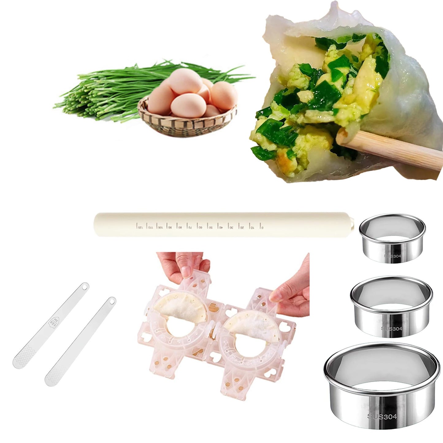 Dumpling making set of 8 pieces, including silicone rolling pin, dough maker, filling spoon, and 5-speed adjustable dumpling making mold, used for making dumpling pies and various noodle dishes