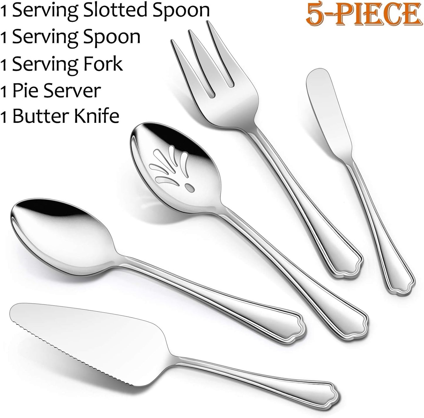 E-far 5-Piece Serving Utensils, Stainless Steel Scalloped Edge Hostess Set for Buffet Party, Dishwasher Safe