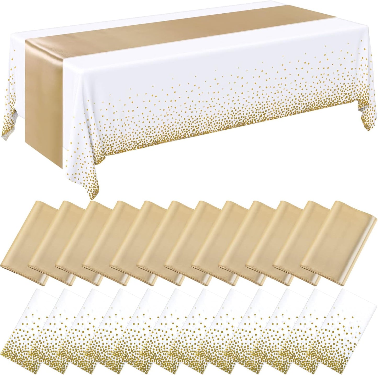 24 Packs Set, 54 108 Inch 12 108 Inch Breling White and Gold Disposable Plastic Tablecloths and Satin Table Runner x